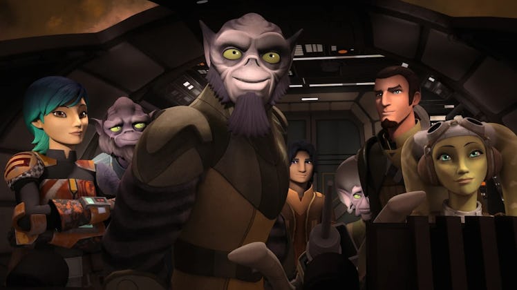 The ensemble cast of Rebels aboard their ship Ghost.