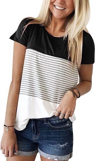 YunJey Round Neck Triple Color Block Stripe T-Shirt