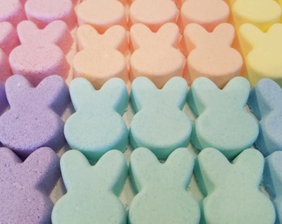 Bright and Pastel-colored bunny-shaped bath bombs for Easter baby shower