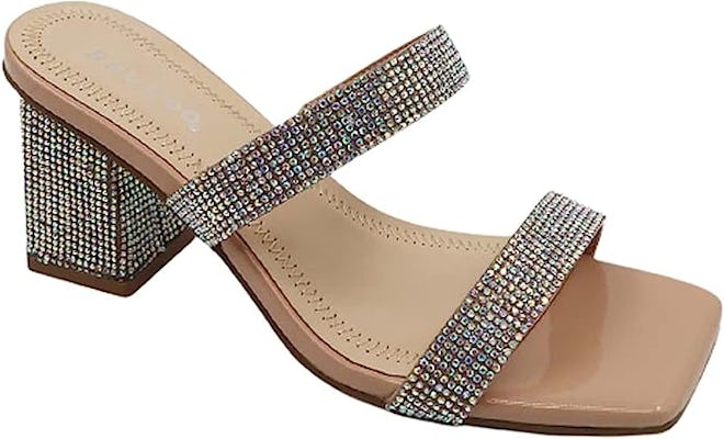 BAMBOO Women Rhinestone Slip On Block Heel Sandals