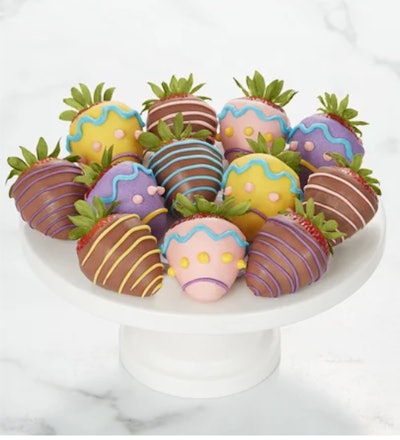 Pastel decorated Easter egg chocolate covered strawberries for baby shower