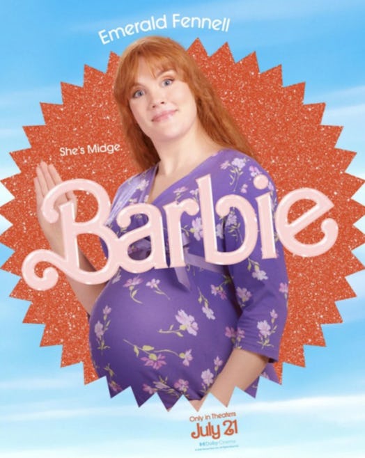 Emerald Fennell as a (very pregnant) Midge in her Barbie character poster.