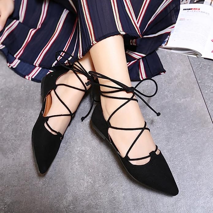 Meeshine  Pointy Toe Lace Up Flats