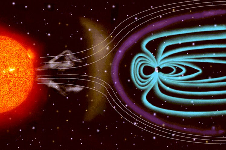 diagram showing the way earth's magnetic field protects us from the sun, acting like a shield around...