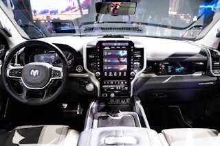 Dashboard in RAM's 2025 1500 REV electric pickup truck debuting at the 2023 New York Auto Show