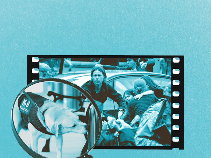 Close up of a film frame with a disease sniffing dog and Brad Pitt