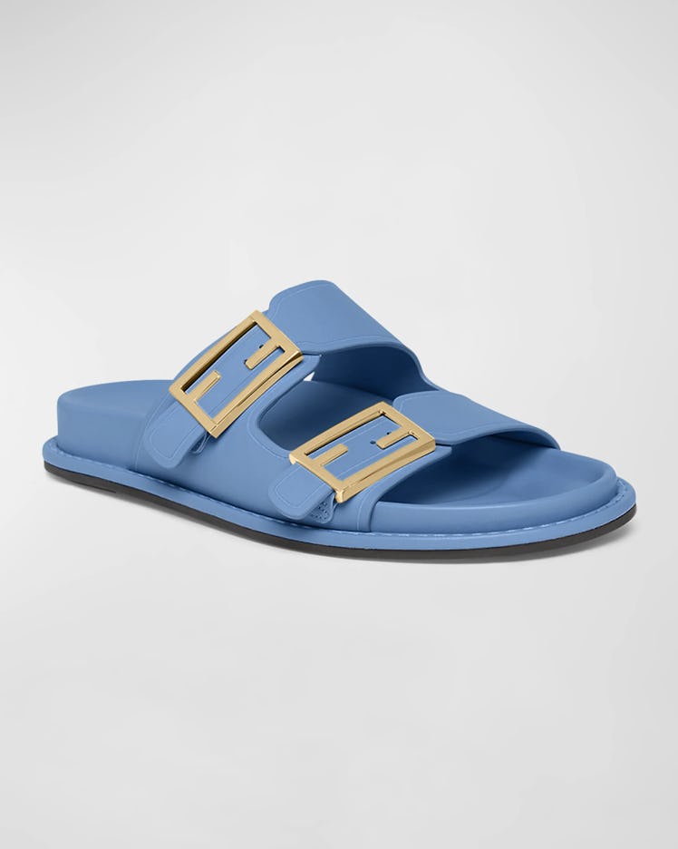 F Buckle Leather Slide Sandals