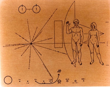 image of two nude humans, a map of pulsars, a hydrogen atom, and a diagram of the solar system