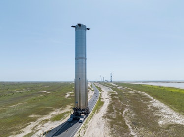 An image of the SpaceX Booster 7 traveling on the road.