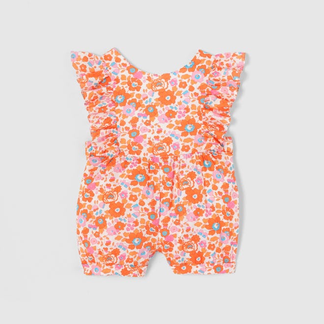 Bright Orange, pink, and blue floral Liberty jumpsuit for baby girl