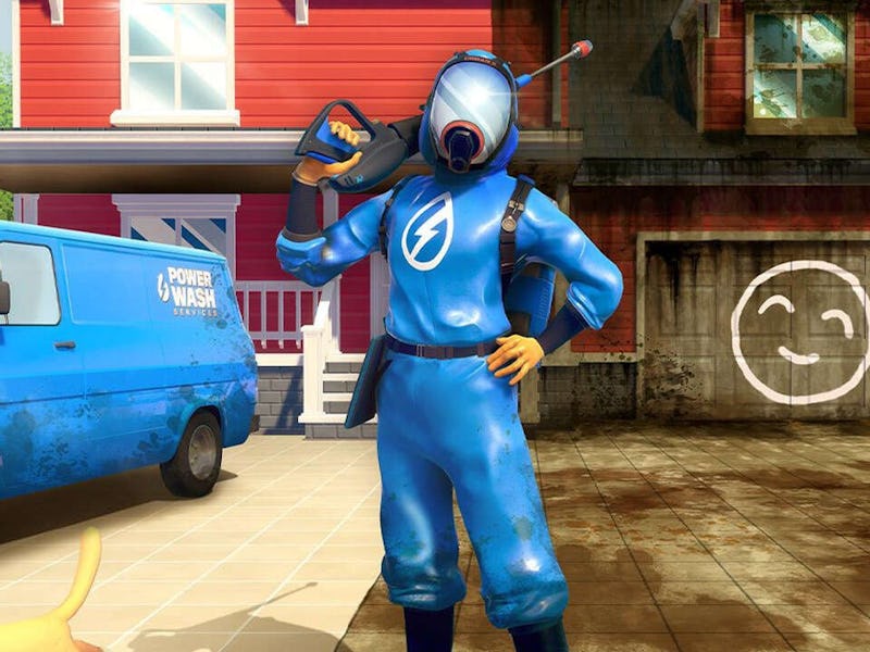 PowerWash Simulator character in front of dirty house