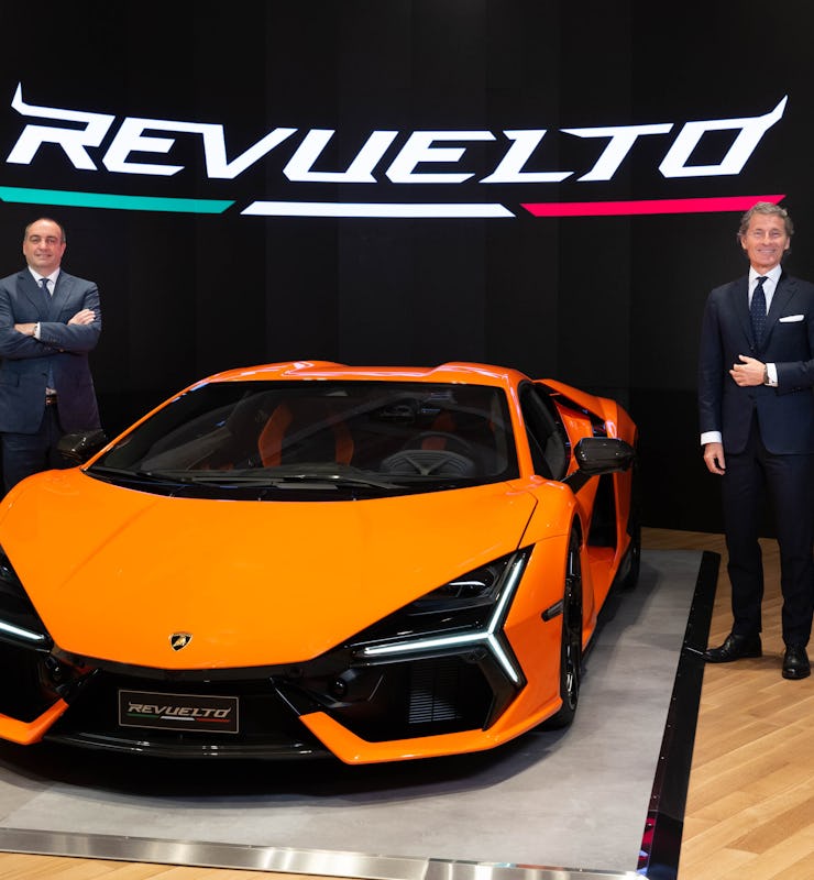 Lamborghini debuting its Revuelto hybrid EV supercar in NYC.
