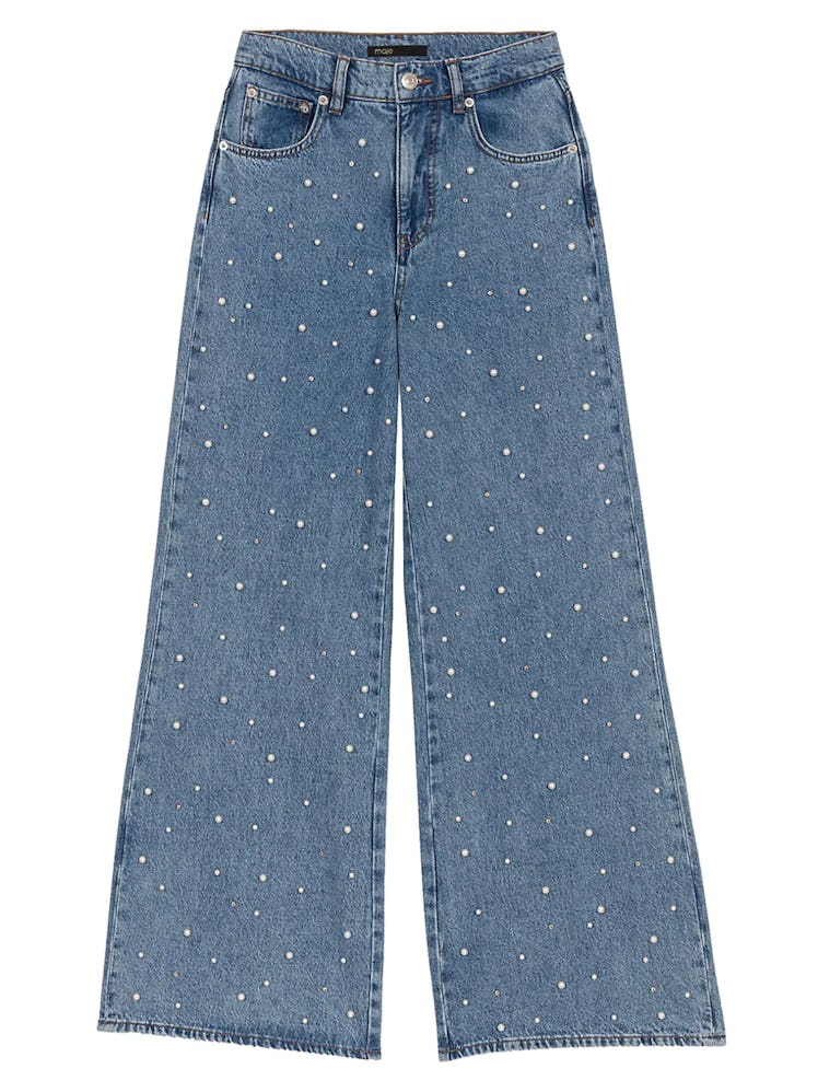 Pearl-Studded High-Rise Wide-Leg Jeans