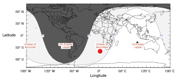 A map showing that the lunar eclipse will be visible in Africa, Asia, and Australia, but not North A...