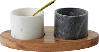 Creative Co-Op Marble Bowls on Mango Wood Base with Salt Spoon (Set of 2) 