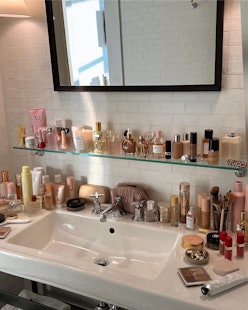 skin care products on vanity