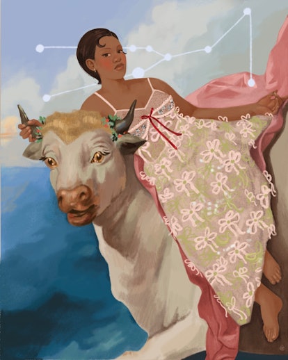 An illustration of a person in a frily dress atop a bull, to harken to the taurus astrological sign