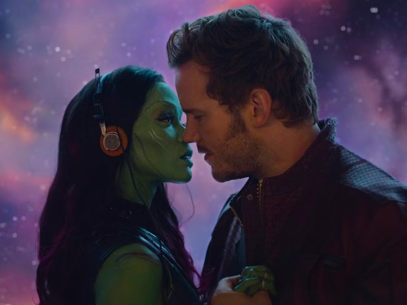 Zoe Saldaña as Gamora and Chris Pratt as Peter Quill/Starlord in Guardians of the Galaxy