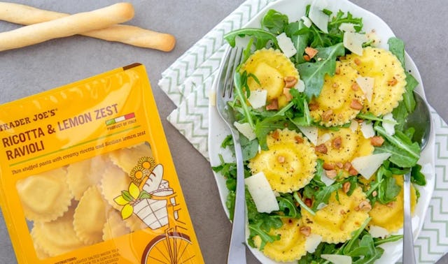 Trader Joe's pasta recipes include this lemon ricotta ravioli salad.