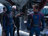 James Gunn directs Karen Gillan and Chris Pratt on the set of Guardians of the Galaxy Vol. 3