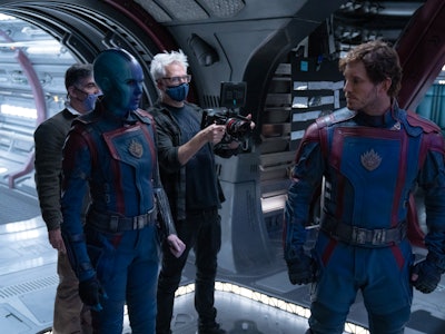 James Gunn directs Karen Gillan and Chris Pratt on the set of Guardians of the Galaxy Vol. 3