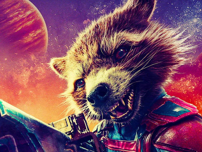 Rocket Raccoon wields a blaster on his Guardians of the Galaxy Vol. 3 character poster