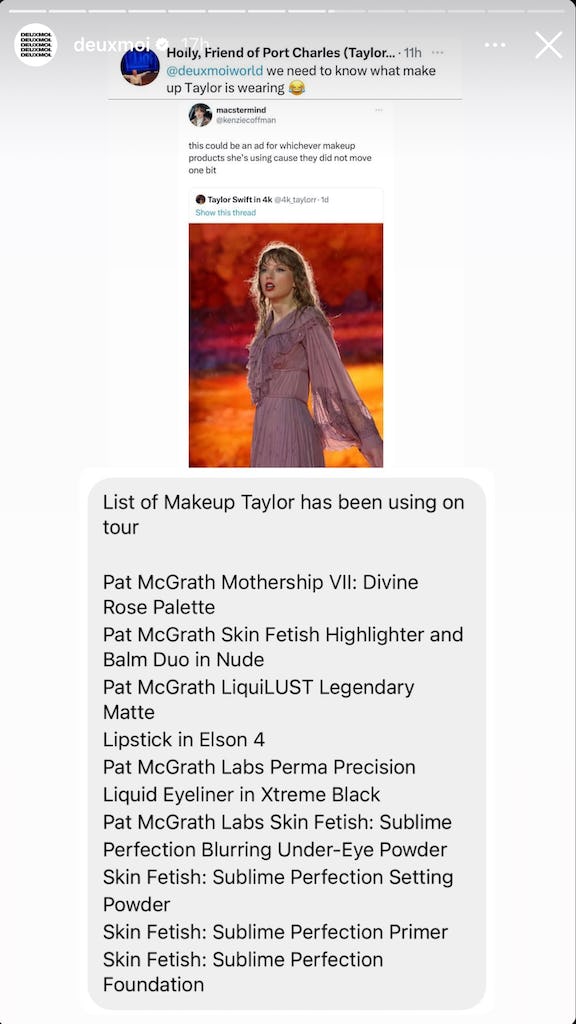 Deuxmoi&rsquo;s list of Taylor Swift&rsquo;s Eras Tour makeup from Pat McGrath Labs.
