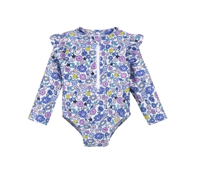 Toddler swimsuit one piece with rash guard long sleeves and zipper in a blue and purple floral patte...