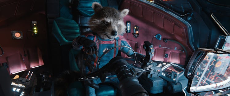 Rocket Raccoon pilots a spaceship in Guardians of the Galaxy Vol. 3