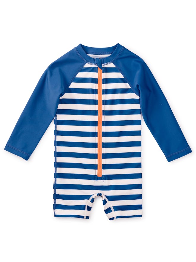 Baby swimsuit, a one-piece rash guard with blue and white stripes and long sleeves