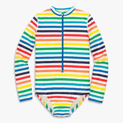 Kids swimsuit rash guard in rainbow stripe pattern