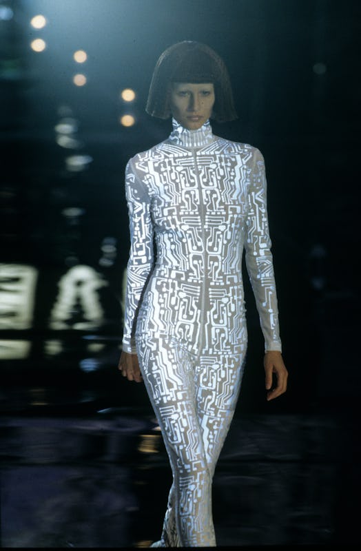 White catsuit with reflective circuit motif in the Givenchy Fall/Winter 1999 Ready-to-Wear show in P...