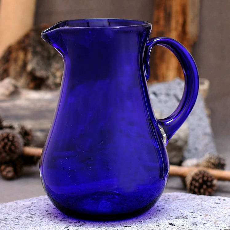 NOVICA Large Blue Hand Blown Glass Pitcher