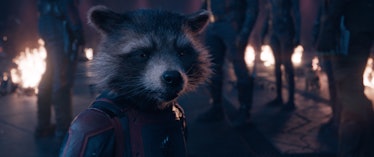Rocket Raccoon stands on a burning ship in Guardians of the Galaxy Vol. 3
