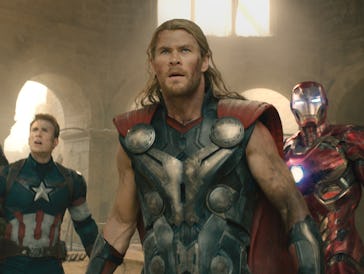 Chris Evans as Captain America, Chris Hemsworth as Thor, and Robert Downey Jr. as Iron Man in Avenge...