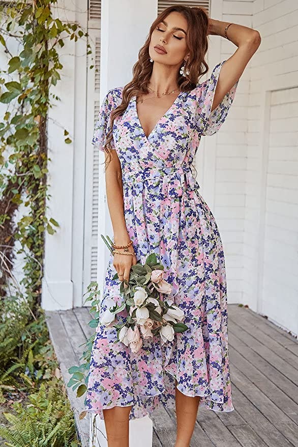 PRETTYGARDEN Wrap V Neck Maxi Dress