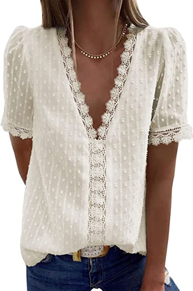 Dokotoo V Neck Lace Crochet Tunic Top