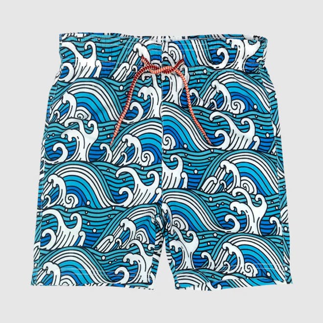 Toddler swimsuit trunks in blue illustrated wave pattern