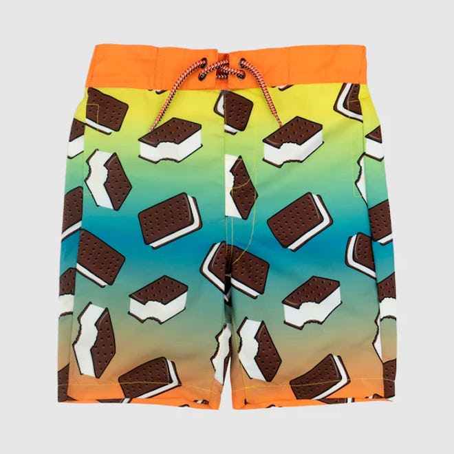 Kids' swimwear, a pair of board shorts with ice cream sandwich pattern