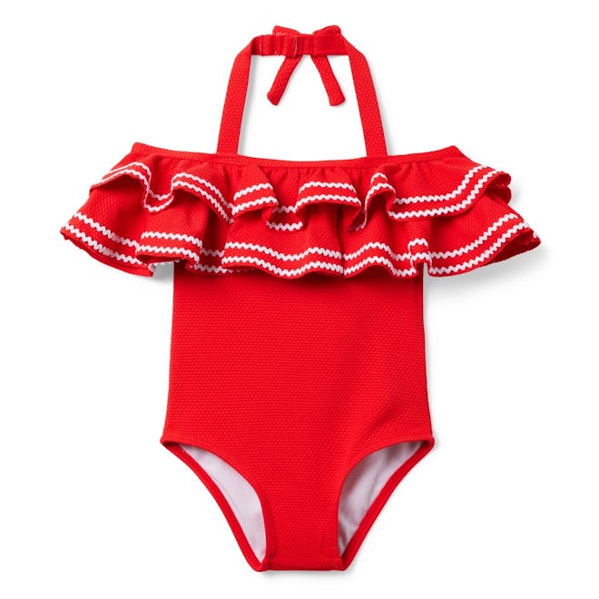 Kids swimsuit in red with halter top and ric rac ruffles