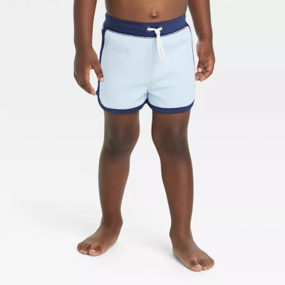 Toddler swimsuit trunks in retro short inseam, light blue with dark blue trim