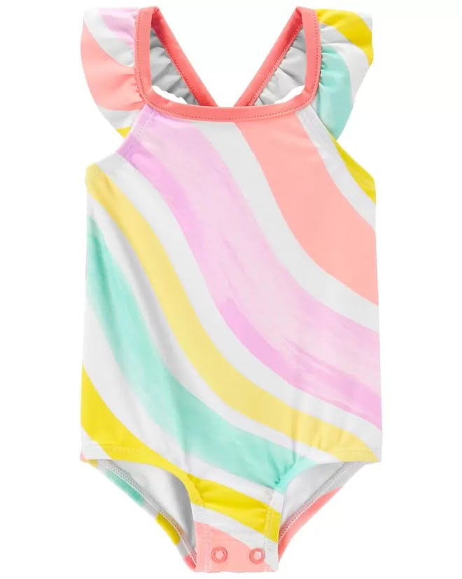 Baby swimsuit, a one-piece with ruffled straps and wavy pastel pattern