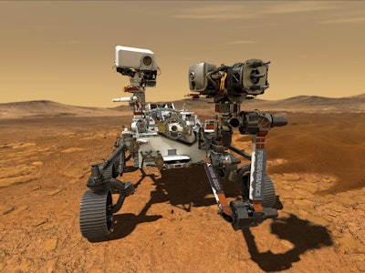 An illustration of NASA's Perseverance rover operating on the surface of Mars