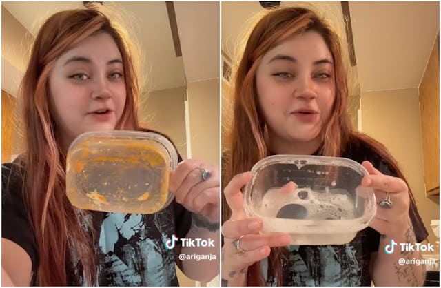 A woman on TikTok shares her favorite hack for cleaning sauce-stained Tupperware.
