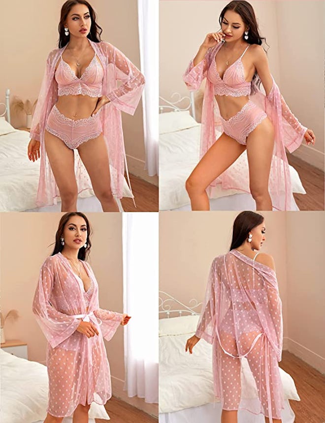 RSLOVE Sheer Bra And Panty With Robe