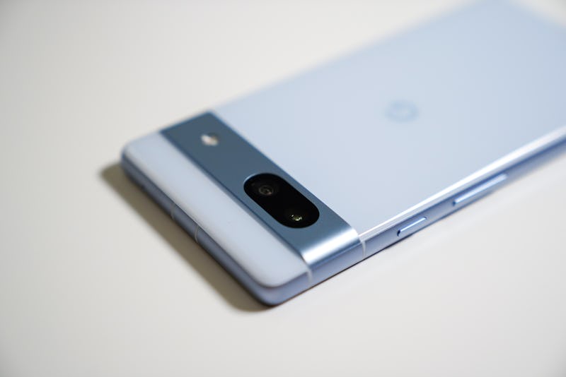 A close-up of the Google Pixel 7a's dual cameras, including its 64-megapixel main camera