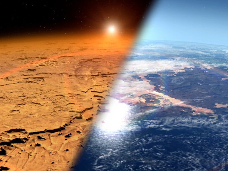 a contrast between present-day and ancient mars with one on the left and the latter on the right, sh...