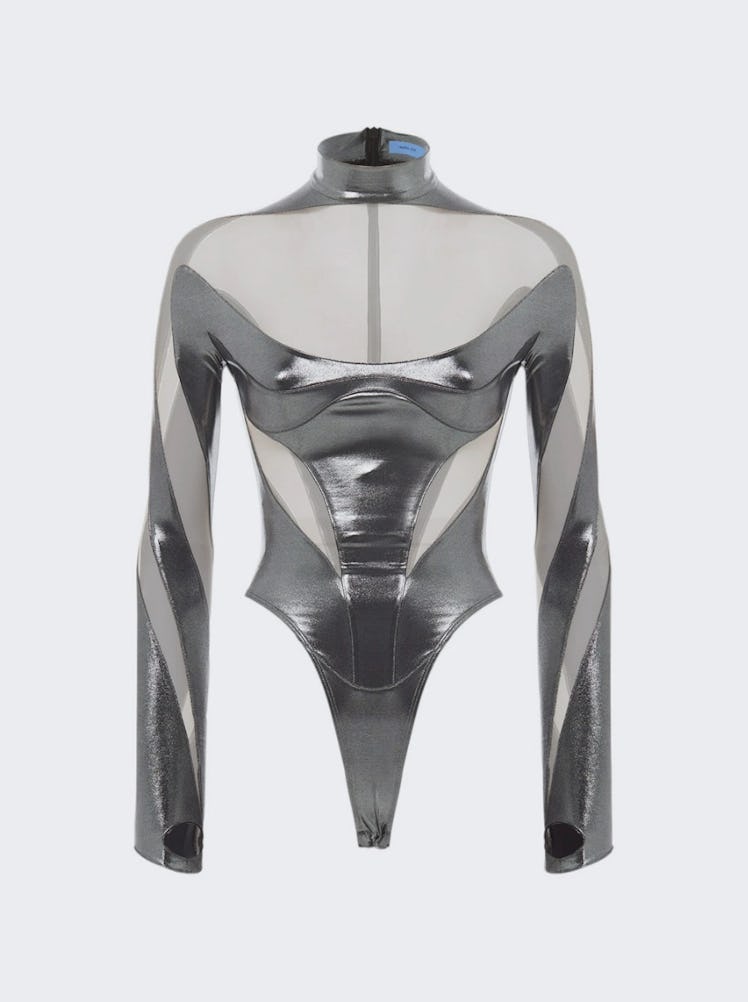 Metallic Bodysuit Chrome Silver And Nude 01