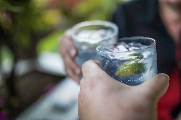 Close-up of two summer cocktails enjoyed outside