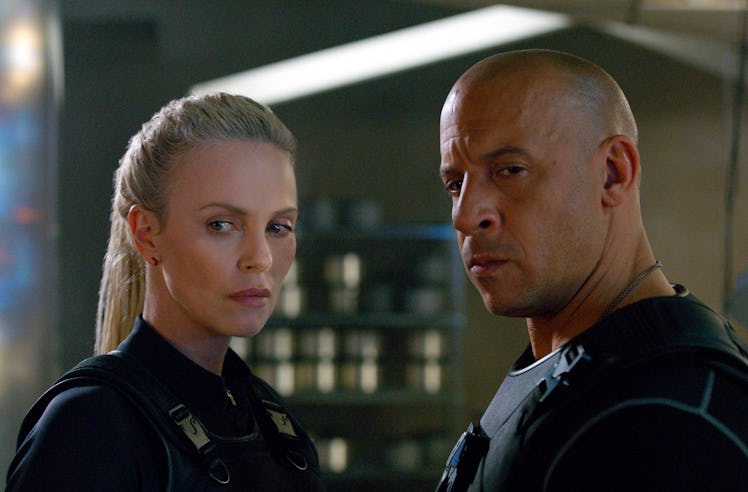 Charlize Theron as Cipher and Vin Diesel as Dominic Toretto in Fate of the Furious